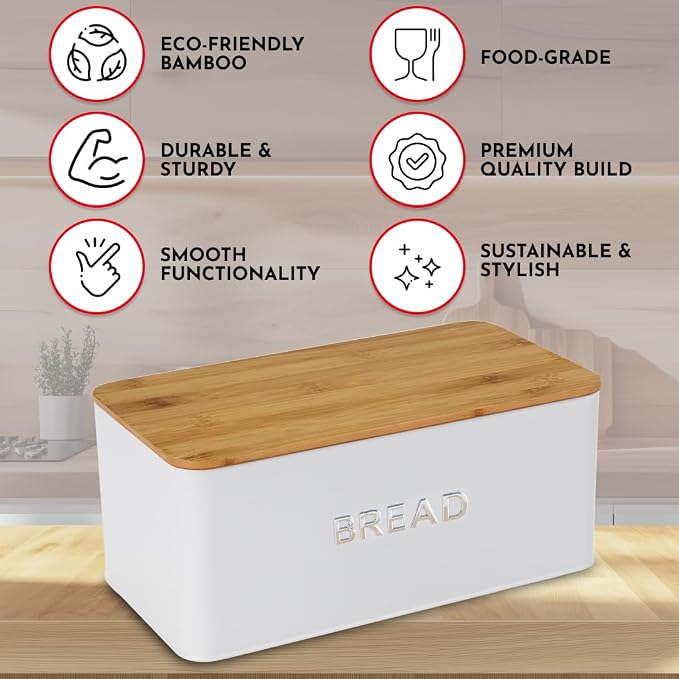 Bread Box for Kitchen Countertop, Homemade Bread - Bamboo Cutting Board Lid | Large Bread Box for Homemade Bread - Storage Bread Box with Cutting Board Lid
