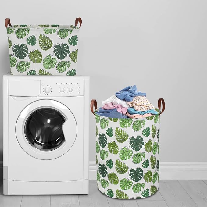 NTAOHAMPER Rectangular Green Storage Basket, Waterproof Safari Nursery Box with Handles for Bedroom, Jungle Theme Gifts Basket, Momstera Decor(Leaf)