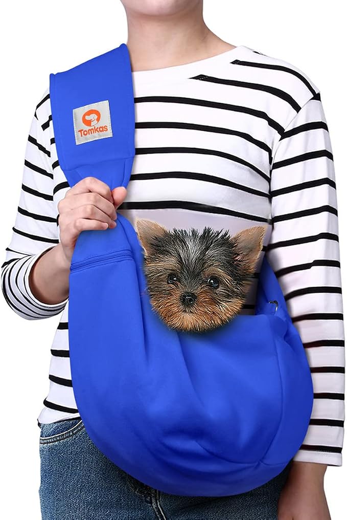 Tomkas Small Dog Cat Sling Carrier Puppy Purse Travel Wrap Soft Crossbody Pet Bag (Royal Blue, M - Zip Pocket & Adjust Strap)