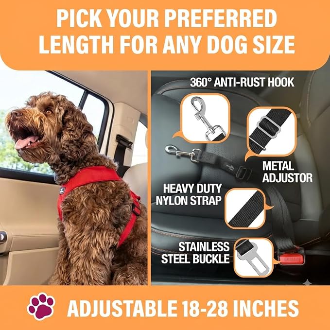 Black Car Seat Belt for Dogs 2 Pack, Attaches to Harness & Collar, Adjusts 18" - 24" Safety & Comfort Travel Restraint System Fits Small - Large Pups, Seatbelt Pet Supplies & Accessories