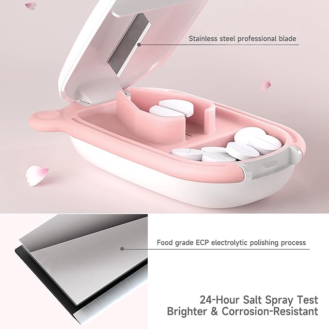 MURRI&MURRDI Small Pill Cutter and Organizer for Small or Large Pills, Portable Medicine Cutter for Pocket Purse, Pill Holder Cutter for Vitamins, Tablets, Medications, Pink
