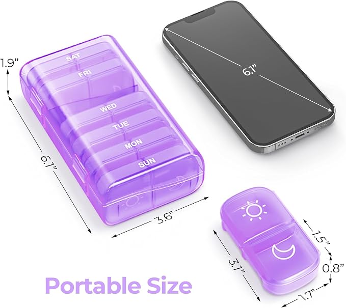 AUVON Weekly Pill Organizer 2 Times a Day, One-Side Large Opening, Easy‑Use | XL AM PM Pill Case, Travel Pill Box 7 Day, Medication Organizer for Medications, Vitamins, Fish Oils, Supplements, Purple