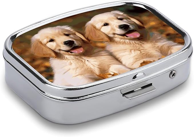 Travel Golden Retriever Dogs Puppies Pets Pill Case 2 Compartments Small Pill Organizer for Fish Oil Vitamin Supplement Portable Daily Pill Box for Pocket Purse Medicine Storage