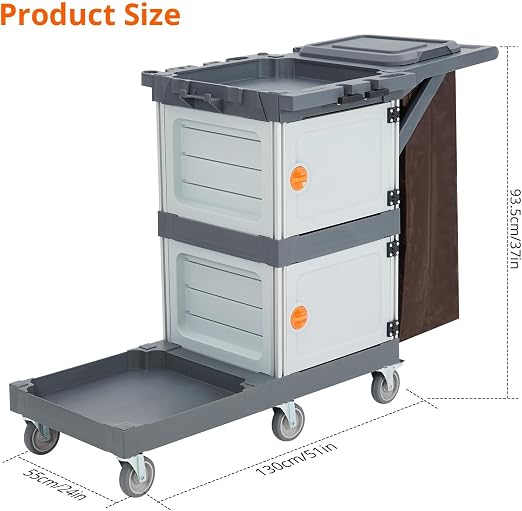 Commercial Janitorial Cart with 2 Cabinet, Traditional Janitorial 3-Shelf Cleaning Cart On Wheels, Plastic Housekeeping Cart with 30 Gallon Bag, 200 Lbs Load Capacity