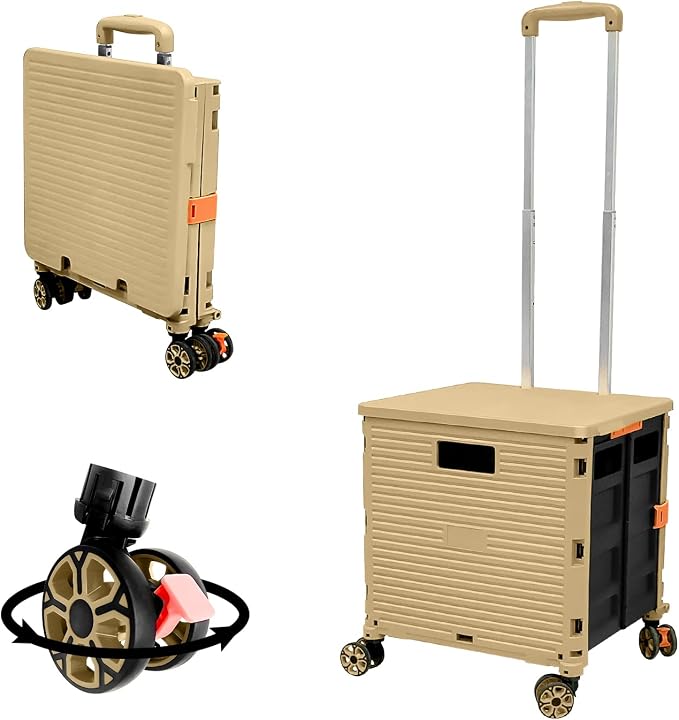 FELICON SELORSS Foldable Utility Cart Folding Portable Rolling Crate-Khaki | Durable,Heavy Duty,Plastic Box,Telescoping Handle,4 Rotate Wheels,Collapsible Handcart for Travel Shop Move Luggage Office