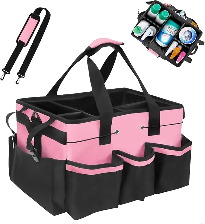 Tool Organizer Tote Bag, Pink and Black, Large Capacity with Adjustable Compartments, Portable Cleaning Storage Caddy, 14.96x10.63x9.06 Inches