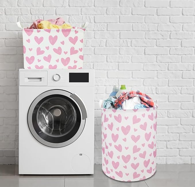 NTAOHAMPER 24L Children's Day Father Gifts Pink Heart Fabric Storage Basket Empty with Handles, Books Box, Lovely Storage (Pink Heart)