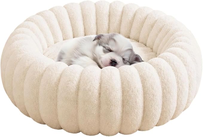 Round Dog Bed Raised Edge Soft Warm Plush Sleeping Mattress | Dog Donut Bed for Puppy Senior Kitten Indoor Outdoor Floor Bedside Kennel Couch Travel Car Home