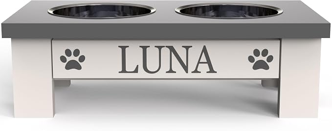 Personalized Dog Bowls Stand for Small Dogs, Wood Elevated Feeding Station | Farmhouse Style, Stainless Steel Dishwasher Safe Bowls, Raised Anti-Slip Feeder, Made in USA