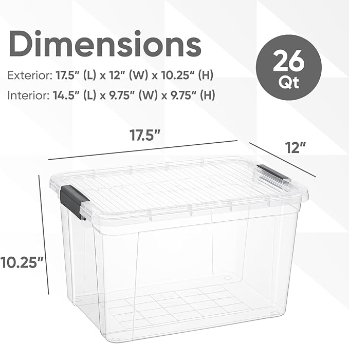 Superio 26.5 Quart Clear Plastic Storage Boxes with Lids, Stackable Organizer Containers, BPA-Free Storage Bins for Home, Office, School & Dorm, 5 Pack