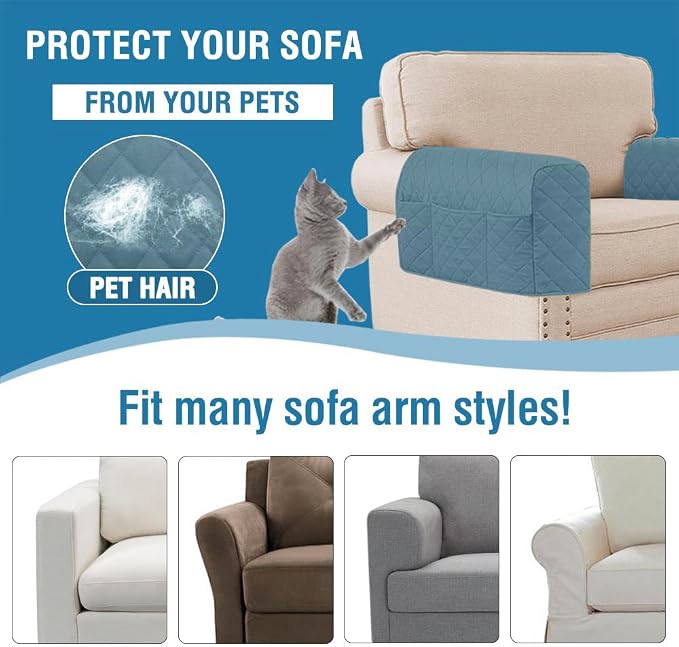 2 Pack Water Resistant Armrest Covers for Chairs and Sofas Couch Arm Covers for Sofa with 3 Pockets for Phone Sofa Arm Protector for Pets, Cats (Dusty Blue)