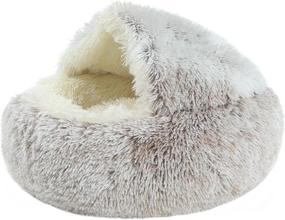 Cat Bed Round Fluffy Hooded Cat Bed Cave, Anti-Anxiety Cave Bed with Hooded Blanket, Cozy Cuddler Luxury Puppy Pet Bed, Anti-Slip Bottom and Machine Washable (Coffee, Medium)