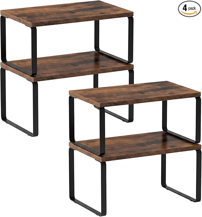 LAMU Cabinet Organizer Shelf, Set of 4 Expandable Kitchen Counter Shelve Plate Organizer for Cabiner, Stackable Spice Rack, CupBoard Organizers and Storage, Brown