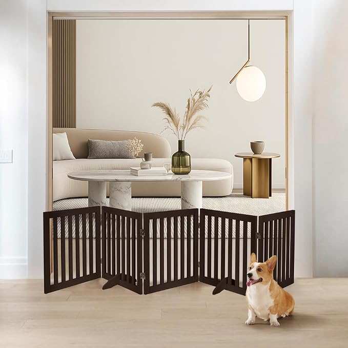 unipaws 24”H Free Standing Pet Gate for Dog Cat, 100”Wide Wooden Dog Gates | Foldable Pet Fence for Doorway, Stairs, Step, Expandable Doggy Barrier, Indoor Use
