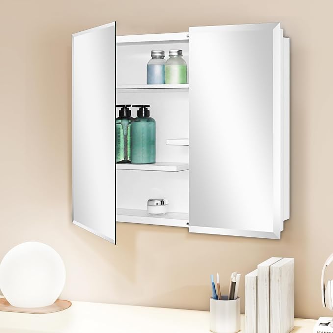 White Metal Double Door Medicine Cabinet 30 x 24 Beveled Mirror, Wall Mount | Double Door Metal Mirror Cabinet with Adjustable Staggered Shelves, Piano Hinge, Fully Assembled, Recessed / Surface Mounting