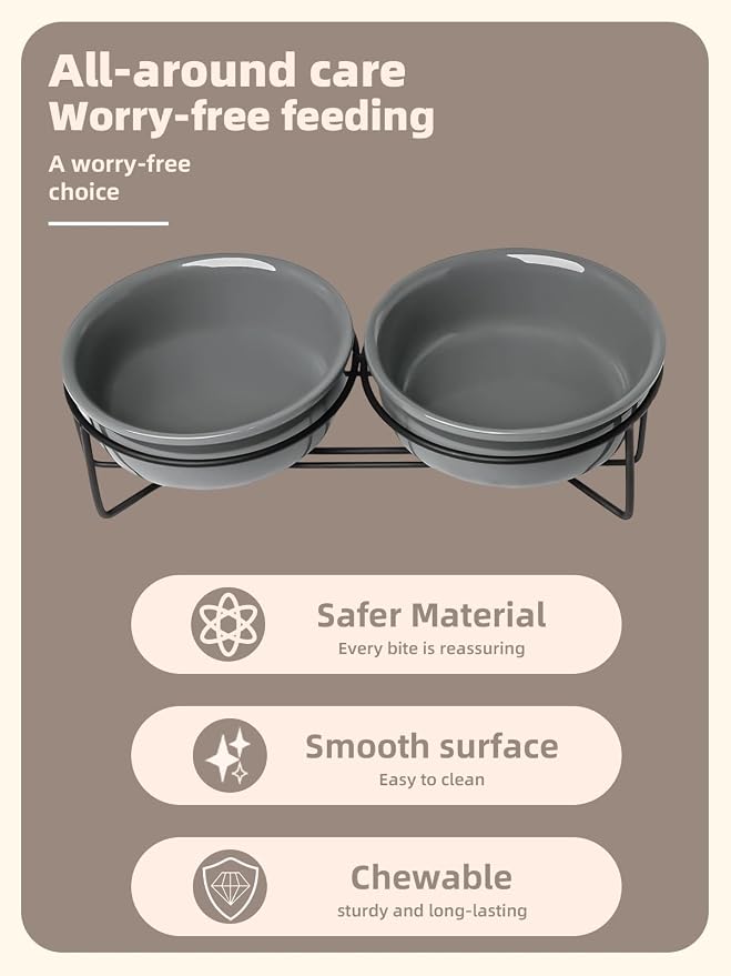 GDCZ Elevated 15 Oz Ceramic Double Cat Bowls with 11.6x2.5 Inch Stand (Grey)