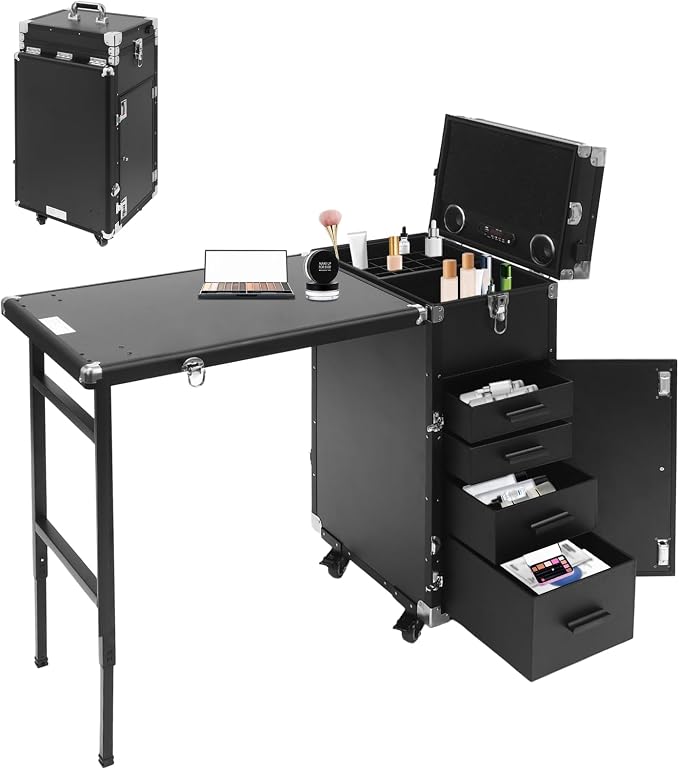 Makeup Case, Rolling Manicure Table Foldable Nail Desk Travel Cosmetic Trolley Multifunctional Cosmetic Tool Box Rolling Makeup Cases w/4 Removable Drawers for Hair Pet Groomer Stylist