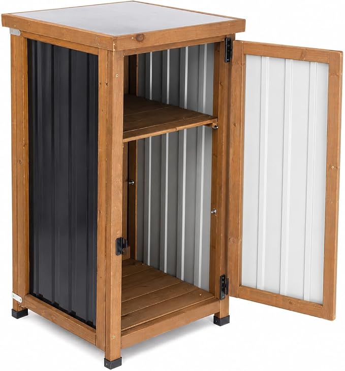 Ketive Outdoor Storage Cabinet with Metal Worktop, Small Garden Storage Cabinet with Adjustable Shelf, Weather-Resistant Fir Wood Tool Organizer for Patio, Backyard, Porch or Balcony