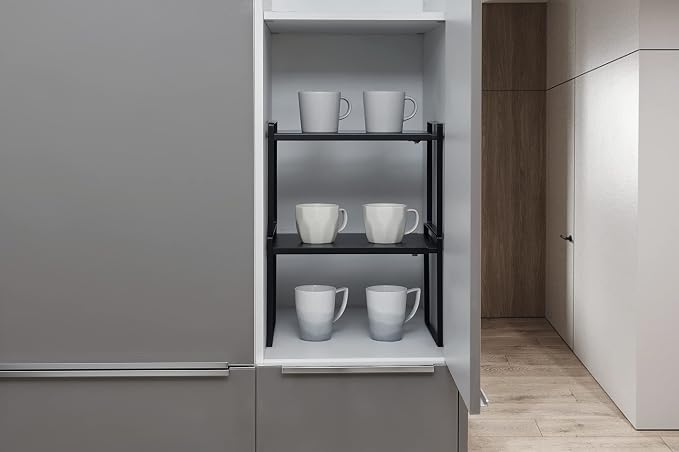 Nxconsu Expandable Shelf for Cabinets, Cabinet Shelf Riser, 8.6" Black | Heavy-Duty Organizer Metal Dish Riser for Cabinets Holds 50LBS and Expands 13.4 to 24.5 in for Kitchen Pantry Plate Mug Spice