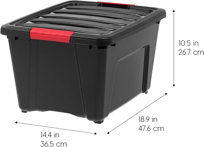 IRIS USA 6-Pack 32 Quart Storage Bins with Lids, Black | Black finish conceals stored items. Great for linens, décor, closet storage, and supplies. Nestable design saves space