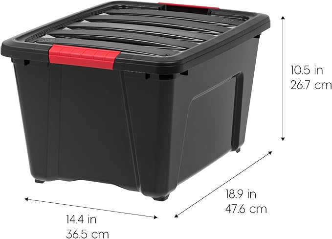 IRIS USA 4-Pack 32 Quart Storage Bins with Lids, Black | Black finish conceals stored items. Great for linens, décor, closet storage, and supplies. Nestable design saves space