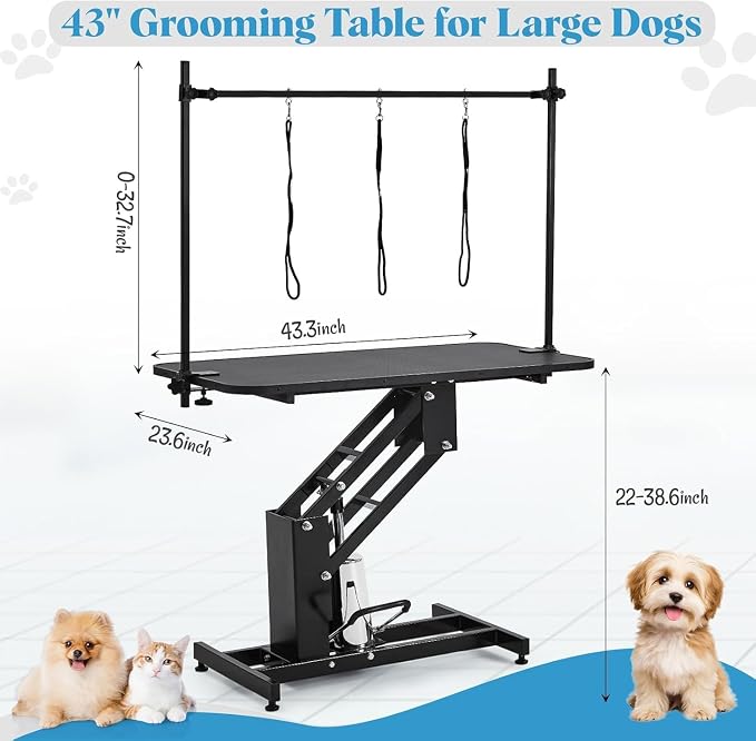 Garvee 43.3" Hydraulic Dog Grooming Table with Max 350 LBS Loading Capacity | Adjustable Height Range 22-39 in, 3 Adjsutable Nooses, Professional Pet Grooming Table, Home Use, Heavy Duty, Black