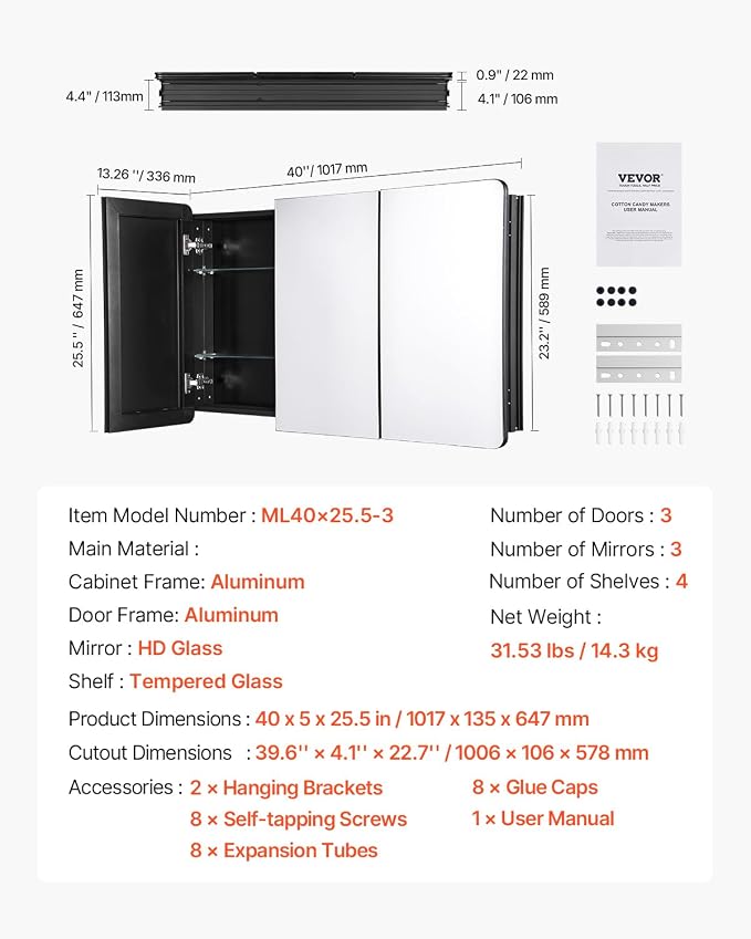 VEVOR Medicine Cabinet, 25.5 x 40 inch, Medicine Cabinet for Bathroom with Mirror, Aluminum Frame Bathroom Wall Cabinet, 4-Layer Adjustable Shelves, Recessed & Wall-Mounted Installation