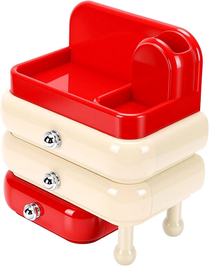 Yosoo Desktop Makeup Organizer with 3 Drawers Top Tray Dust Guard for Cosmetic Brushes Lipstick Skincare Storage (Red)