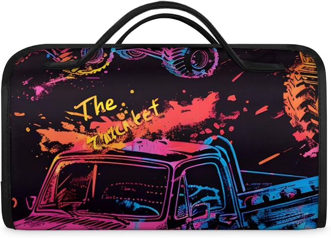 Monster Truck Makeup Bag for Women Hanging Roll-Up Travel Organizer Toiletry Kit with 4 Removable Compartments, Cartoon Cars