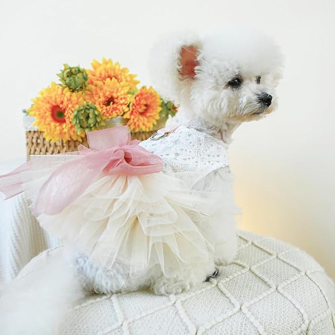Dog and Cat Girl Bow Dress, White Dog D-Ring Wedding Dress with Pink Bow, Cat Birthday Set, Chihuahua York Pomeranian Cat Pet Party Dress (Pink Bow-Princess, Medium)