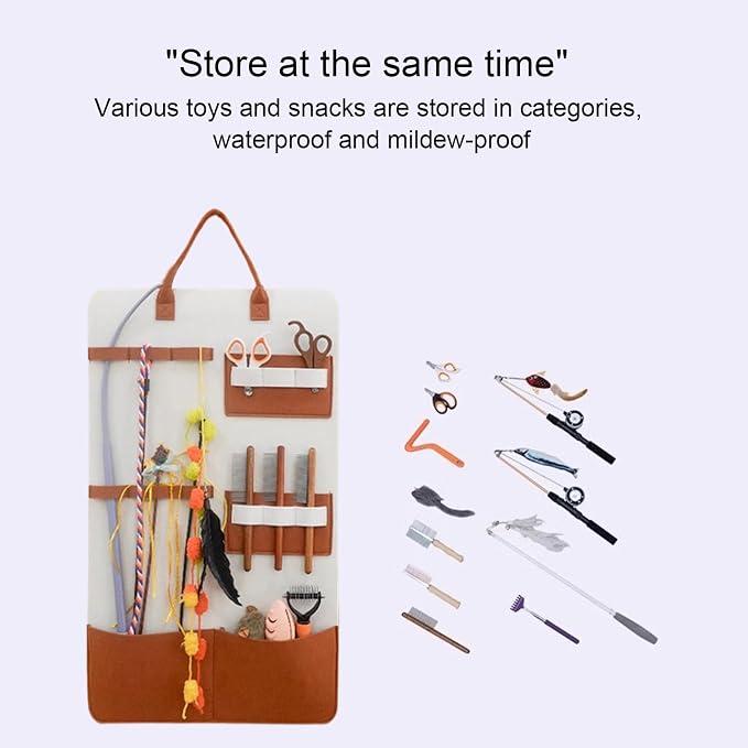Cat Toy Holder Organization Wall Mount Home Decor Pockets | Wand Toy Organizer Bag for Indoor Cats Grooming Brush Pet Comb Bedroom Living Room Home Apartment