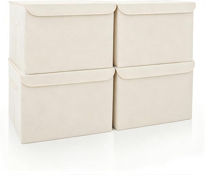 Large 22 Quart [4-Pack] Linen Fabric Foldable Storage Bin Cube Organizer Basket with Flip-Top Lid & Handles, Clothes Blanket Box for Home, Office, Closet (14.6 x 9.5 x 9.5, Beige)