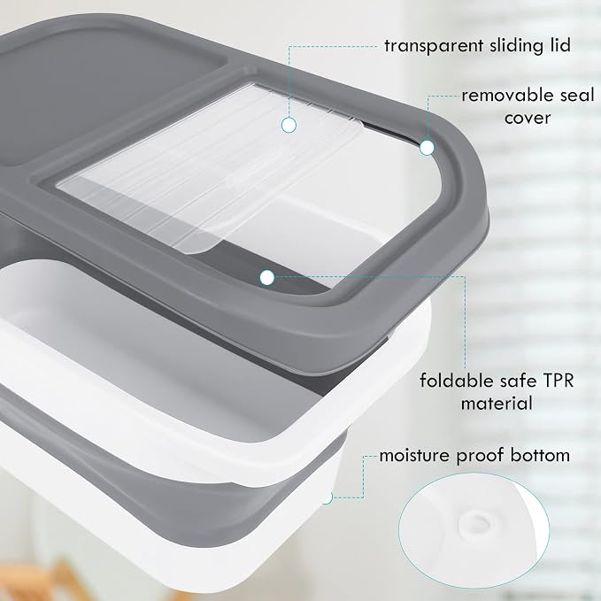 Pet Food Storage Containers, Collapsible Cat Food Container with Transparent Sliding Lid,10-13 lb Plastic Dog Food Bin with Measuring Cup and Dog Food Scoop