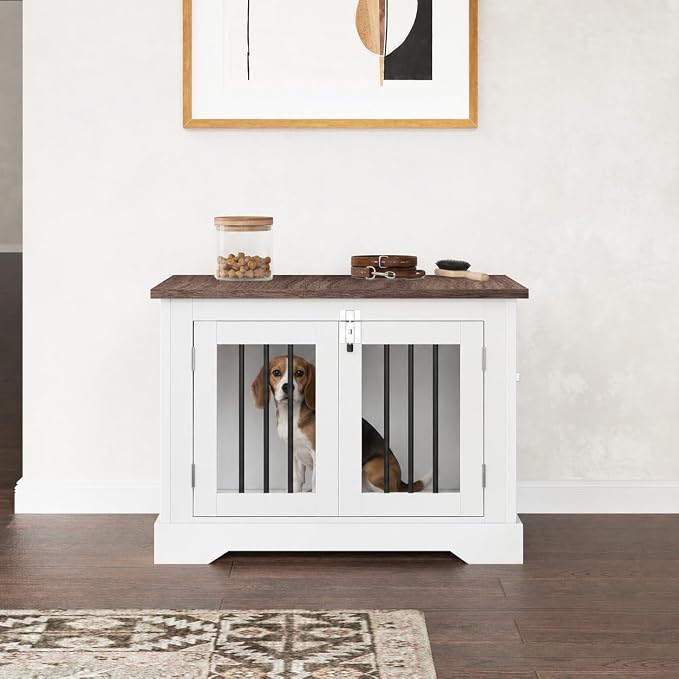 30" Wooden Dog Crate Furniture,Small Kennel Pet Cage End Table for Indoor | for Medium S XS Dogs, White and Wood, Fits Living Room Bedroom, Heavy Duty Steel Frame with Lock 25 lbs Cap, 100 lbs Top.