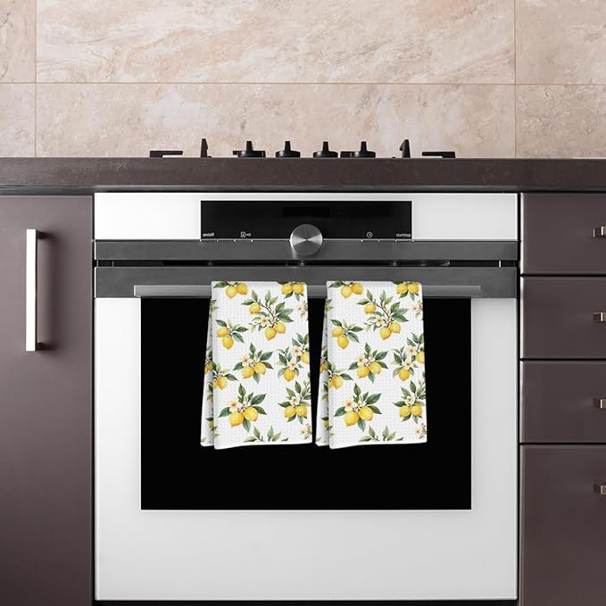 2 Pcs Rustic Lemon Kitchen Towels, Summer Flower Decorative Absorbent Microfiber Dish Cloth Tea Towel, Waffle Soft Hand Towels for Farmhouse Home Bathroom Kitchen Decor, Lemon Gifts