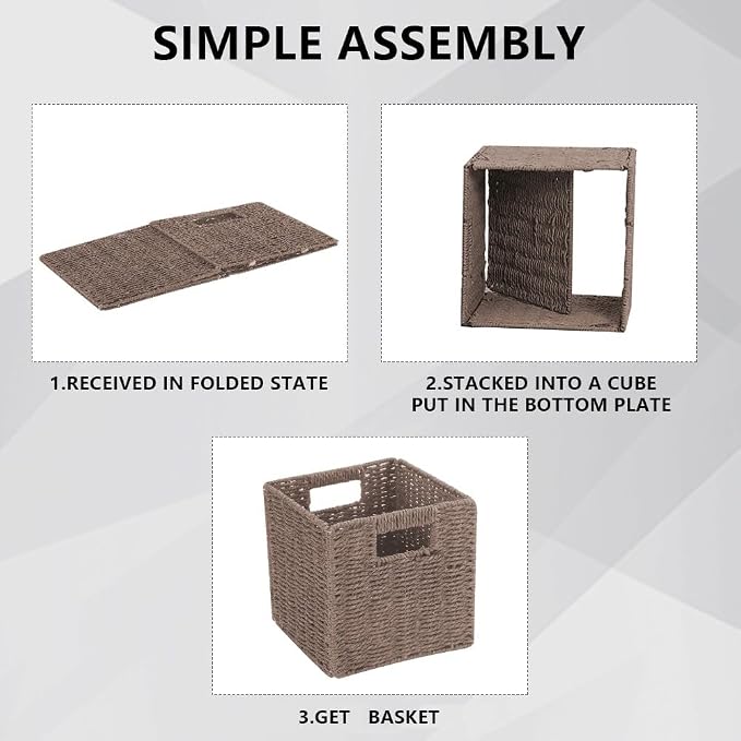 6 Pack 8.7 Inch Wicker Baskets | Hand Paper Rope, Storage Baskets,Foldable Cube Storage Bins Organizer Square Wicker Cubes for Shelves(Brown)