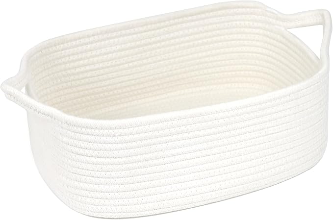 Woven Cotton Rope Storage Basket with Handles, White, 13.5 Inch | Empty Gift Basket, Bathroom and Closet Organizer, Nursery Toy Storage, Decorative Boho Basket, Shelf Storage Bin
