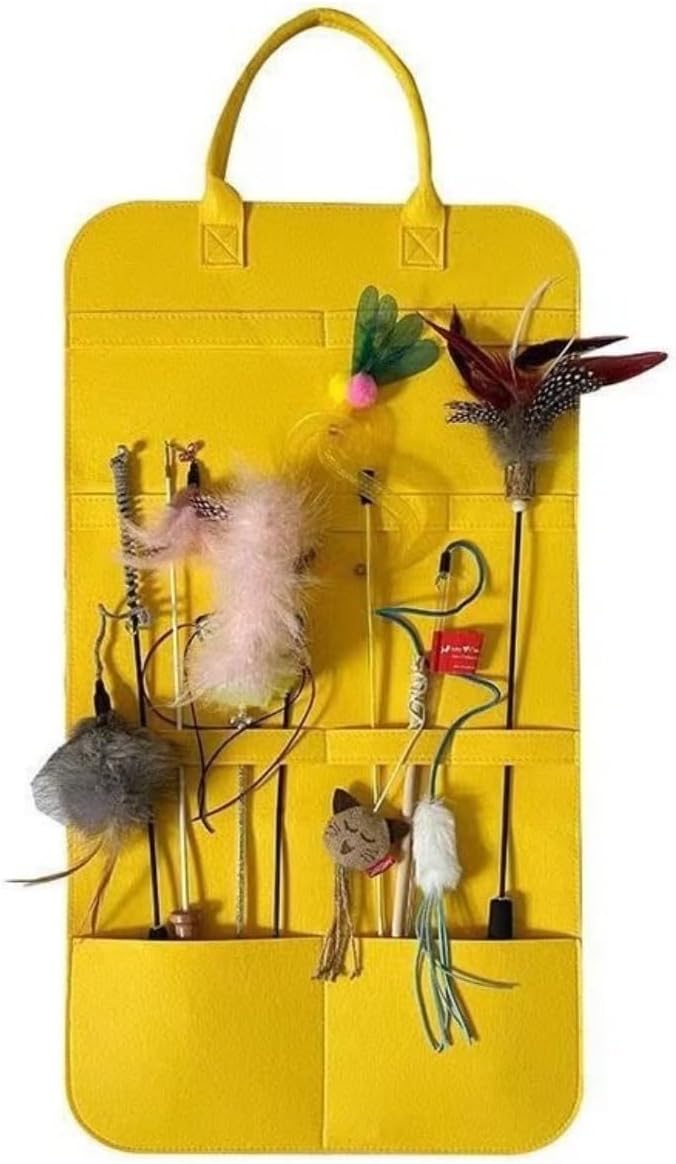 Felt Storage Bag for Cat Fishing Toy Pet Accessories Organiser Wall Mount Comb Chew Bone Collar Storage Hanging Bag Cat Toy Utensils Holder (Yellow)