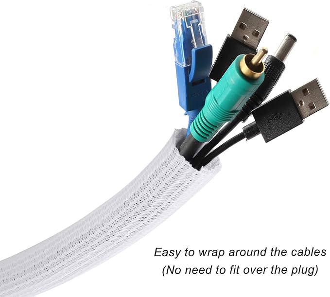 Cable Management Sleeve, Split Design, 10FT - 3/4 Inch, White | Cord Protectors from Pets | Heat & Abrasion Resistant Wire Loom | Automotive Wiring & Home Office Cable Organization