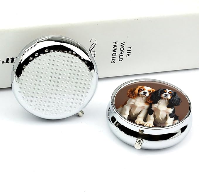 Cute Pet Dog Metal Pill Organizer with Mirror, 3-Compartment Travel Pill Box, 2-Inch Round Pocket Medicine Case with Secure Latch, Portable Vitamin Holder for Women & Men