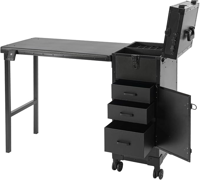 Rolling Manicure Desk Makeup Train Case, Foldable Nail Tables, Travel Cosmetic Trolley with Remote Control and Adapter for Hair Stylists, Pet Groomers, Makeup Artists (Black)