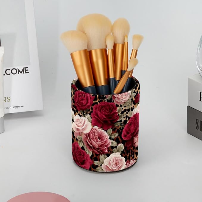 Faux Leather Pen Holder for Desk, Pencil Organizer Leopard Print and Roses Pen Cup Desk Decor Makeup Brush Holder Storage for Office Home