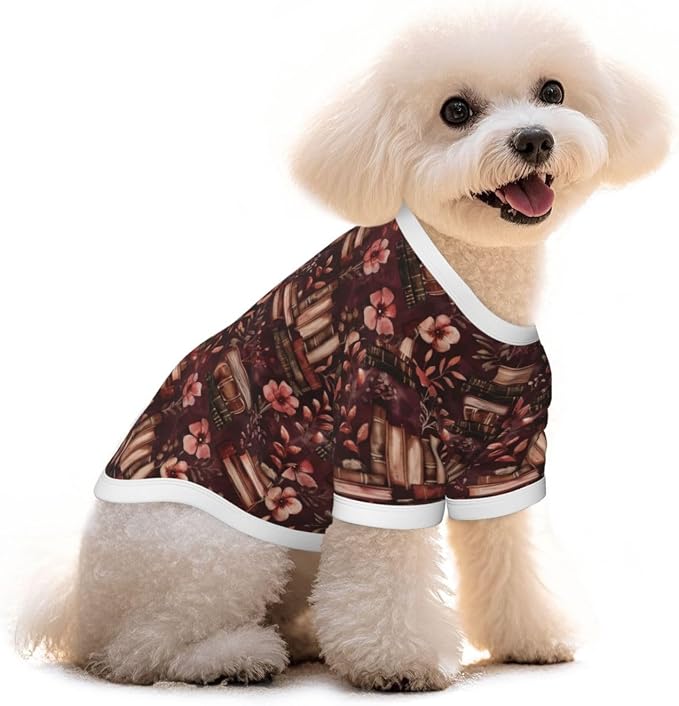 Vintage Floral Bookshelf Dog T Shirt Dogs Cats Cotton Shirts Short Sleeve Clothes Soft Stretchy Pet Costume Doggy Outfit Pullover Jumper Puppy Sweatshirt Large