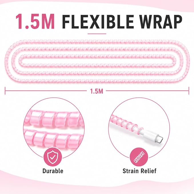 Cable Protector Animal Proof Wire Repair, Pink Cord Protector for Pets Headphone Saver Spiral Cable Wrap Strain Relief, Cord Sleeve for Phone Cable USB Date Cable