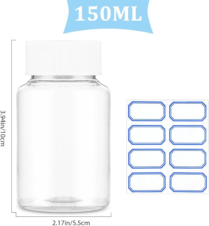 Sibba 6-Pack Clear Pill Organizer Bottles 150ML Large Capacity Medicine Storage Jars with Leak-Proof Caps, Transparent Reagent Containers for Powder, Toiletries & Counter Labels