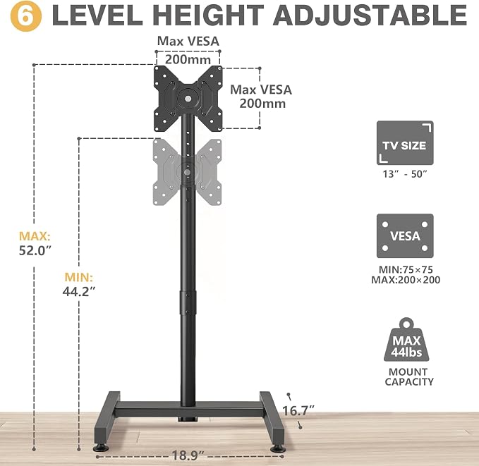 TV Floor Stand for 13-50 inch LCD LED Flat/Curved Panel Screen TVs up to 44 lbs, Height Adjustable TV Stand Mount with VESA 200x200, Portable TV Stand for Bedroom, Dorm Room, Office | Tilting and Rotating Mount, Portrait to Landscape, Height Adjustable...
