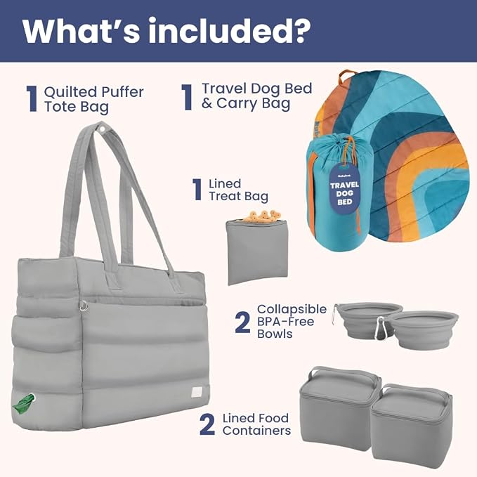Rubyloo Dog Mom Bundle - Puffer Tote with Storage Containers (Grey) and Travel Dog Bed Large (42”x30”) (Sunset Surf Teal) - Travel Bag and Portable Outdoor Bed Set