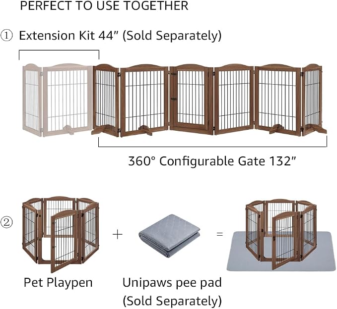 unipaws 132" Extra Wide Dog Gate and Pet Playpen with Walk Through Door | Free Standing Tall Dog Fence, Barriers for Home, Use as Indoor Dogs Cats Pen, Rabbit Pen, Walnut