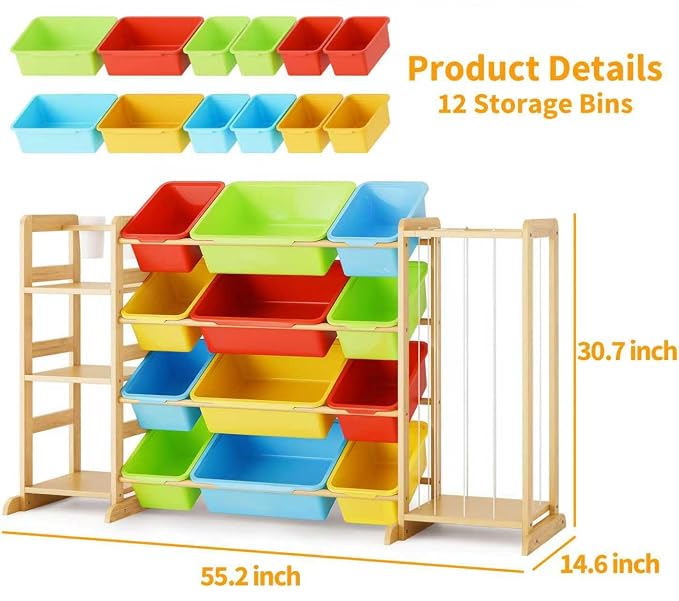 mirolam Toy Storage Organizer with Bookshelf and Stuffed Animal Storage - Playroom Organization with Shelves and 12 Bins - Living Room Box for Lego - Bedroom Decor Essential