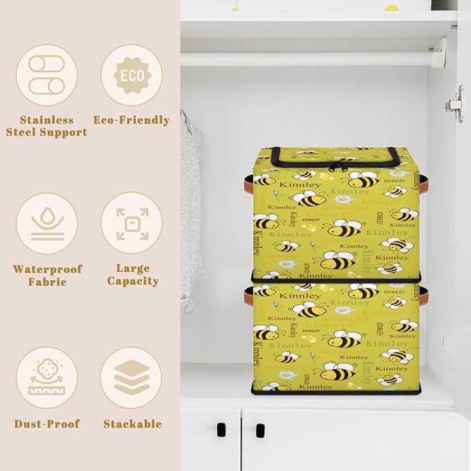 Custom Storage Baskets with Zipper Lid, Personalized Cartoon Bee with Daisy Floral Lemon Yellow Storage Bins Boxes PU Handles for Clothes Bedroom Closet Organizing Toys Books Shelves
